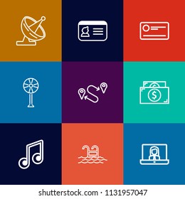 Modern, simple vector icon set on colorful flat backgrounds with signal, finance, destination, internet, video, wireless, position, sound, money, communication, name, electric, map, cooler, id icons