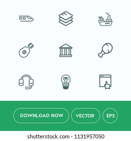 Modern, simple vector icon set on white background with microphone, mouse, web, travel, bulb, lamp, europe, rail, music, sea, white, transportation, electric, train, railway, transport, food icons
