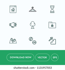 Modern, simple vector icon set on white background with internet, clothing, clothes, hourglass, sand, tree, upstairs, lock, currency, online, property, buy, security, travel, file, business, pin icons