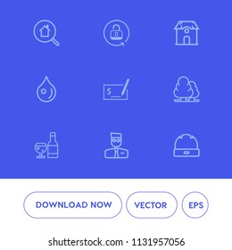 Modern, simple vector icon set on blue background with fashion, unlock, user, red, property, nature, search, check, alcohol, real, tree, padlock, water, internet, web, landscape, glass, drink icons