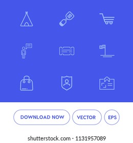 Modern, simple vector icon set on blue background with entertainment, spatula, retail, card, trolley, summer, travel, utensil, beach, protection, cart, shop, id, ocean, tool, nature, security icons