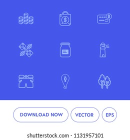 Modern, simple vector icon set on blue background with bank, credit, distribution, industrial, price, delivery, storage, travel, sea, warehouse, communication, light, wear, nature, card, global icons