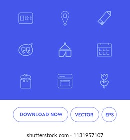 Modern, simple vector icon set on blue background with spring, pen, floral, cooking, pretty, equipment, schedule, finance, lock, camp, banking, security, adventure, phone, safety, navigation icons