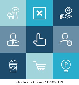 Modern, simple vector icon set on colorful blue backgrounds with element, sign, road, fungus, vegetarian, financial, lot, web, employer, job, retail, car, account, dollar, delete, nature, user icons
