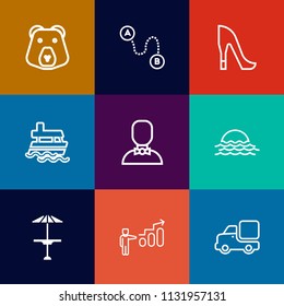 Modern, simple vector icon set on colorful flat backgrounds with ship, bear, grizzly, transportation, internet, male, sun, vessel, table, white, style, sea, ocean, brown, animal, bar, fashion icons