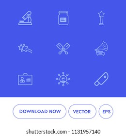 Modern, simple vector icon set on blue background with laboratory, chemistry, knife, water, can, technology, equipment, gramophone, container, science, kitchen, display, microscope, profile, oar icons
