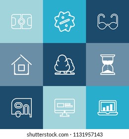 Modern, simple vector icon set on colorful blue backgrounds with tree, estate, web, computer, football, house, car, architecture, sport, clock, forest, sign, landscape, van, discount, time, sun icons