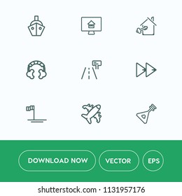 Modern, simple vector icon set on white background with button, online, business, blue, baja, apartment, internet, sound, vessel, headset, computer, transportation, folk, key, technology, ship icons