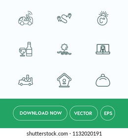 Modern, simple vector icon set on white background with internet, place, drink, temperature, leather, object, bag, destination, home, sun, direction, wine alcohol, morning, communication, map icons