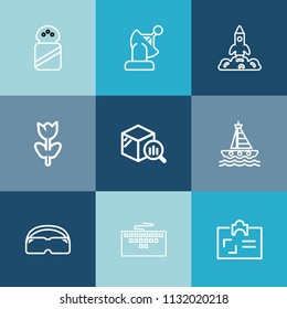 Modern, simple vector icon set on colorful blue backgrounds with report, launch, orbit, salt, earth, boat, technology, keyboard, bath, work, glasses, laptop, satellite, white, flower, id icons