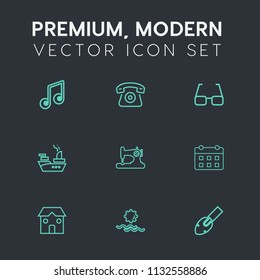 Modern, simple vector icon set on dark grey background with optical, construction, cell, timetable, musical, mobile, time, sound, military, melody, landscape, sewing, sunrise, phone, schedule icons