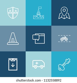 Modern, simple vector icon set on colorful blue backgrounds with business, castle, concept, rescue, bike, safety, building, vintage, fairytale, medieval, security, ladder, king, pin, travel, key icons