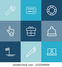 Modern, simple vector icon set on colorful blue backgrounds with spanner, balance, write, decoration, video, mechanic, bank, water, hand, credit, ring, card, pencil, cap, education, gesture, box icons