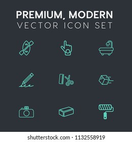 Modern, simple vector icon set on dark grey background with interior, gesture, package, white, water, pen, shipping, brick, building, index, delivery, salon, modern, person, material, roller icons