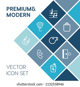 Modern, simple vector icon set on blue colorful background with escape, holiday, field, telephone, referee, object, clef, exit, cocktail, whistle, building, sound, magnetic, bag, people, summer icons