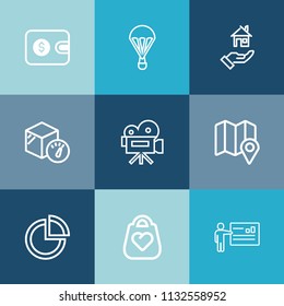 Modern, simple vector icon set on colorful blue backgrounds with leather, style, package, skydiver, video, travel, tripod, finance, pie, cash, rent, wallet, payment, people, pin, object, dollar icons