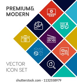 Modern, simple vector icon set on colorful flat background with heavy, home, car, online, post, technology, aid, sign, tipper, cargo, real, replacement, setting, computer, emergency, sound, box icons