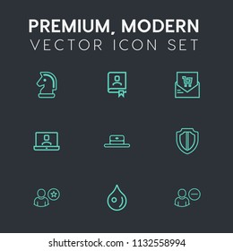Modern, simple vector icon set on dark grey background with contact, protection, bill, list, competition, challenge, rain, cap, success, protect, internet, profile, communication, supermarket icons