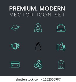 Modern, simple vector icon set on dark grey background with fear, galaxy, travel, hat, up, money, cap, hand, astronomy, universe, ghost, loud, card, pear, location, planet, electric, map, solar icons