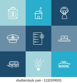 Modern, simple vector icon set on colorful blue backgrounds with sailor, human, modern, label, bus, travel, water, estate, boat, air, hat, checklist, price, idea, head, discount, vehicle, sale icons