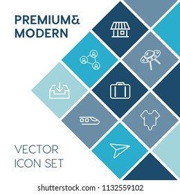 Modern, simple vector icon set on blue colorful background with alien, bodysuit, girl, window, technology, airport, modern, mobile, send, transport, display, white, luggage, baggage, ufo, cutout icons