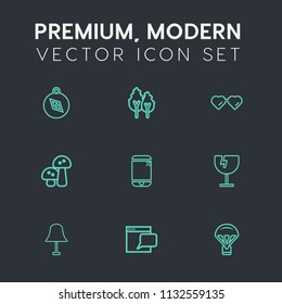 Modern, simple vector icon set on dark grey background with tree, parachute, landscape, compass, white, sunglasses, jump, travel, light, parachuting, technology, edible, web, east, extreme, sky icons