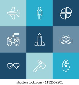 Modern, simple vector icon set on colorful blue backgrounds with young, idea, construction, tool, science, rocket, celebration, space, festival, axe, air, technology, fly, transport, travel, pie icons