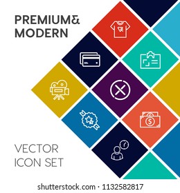 Modern, simple vector icon set on colorful flat background with banner, work, poster, buy, no, camera, money, shirt, tripod, retro, debit, typography, stop, sign, label, ribbon, name, cancel, id icons