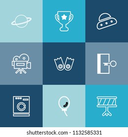 Modern, simple vector icon set on colorful blue backgrounds with ship, place, technology, sea, escape, door, holiday, laundry, instrument, musical, astronomy, orbit, ufo, first, camera, movie icons