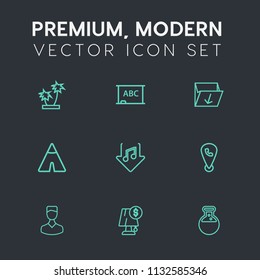 Modern, simple vector icon set on dark grey background with equipment, tree, human, summer, tropical, board, phone, tent, chalk, background, medicine, music, waste, electricity, nature, garbage icons