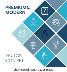 Modern, simple vector icon set on blue colorful background with touch, organic, writer, travel, arrow, vintage, user, head, calligraphy, winner, profile, food, paper, old, book, watch, author icons