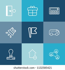 Modern, simple vector icon set on colorful blue backgrounds with removal, video, celebration, left, safety, projector, property, envelope, movie, projection, technology, screen, paper, apartment icons
