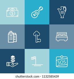 Modern, simple vector icon set on colorful blue backgrounds with double, sos, old, money, pottery, rock, growth, white, vintage, coin, beach, baja, label, interior, cash, music, nature, currency icons