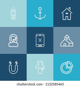 Modern, simple vector icon set on colorful blue backgrounds with boat, subscription, chart, cord, ben, business, cancel, clock, magnetic, connection, ship, london, light, sea, lamp, travel, time icons