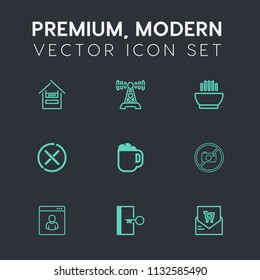 Modern, simple vector icon set on dark grey background with list, woman, retail, food, customer, radio, equipment, meal, music, broadcast, drink, forbidden, hot, sound, cup, trolley, shop, door icons