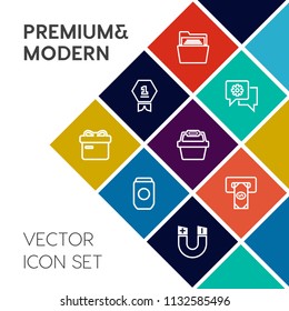 Modern, simple vector icon set on colorful flat background with can, application, ribbon, bank, container, holiday, object, finance, field, box, paper, champion, white, web, business, chat, pole icons