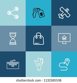 Modern, simple vector icon set on colorful blue backgrounds with technology, map, airplane, travel, real, retail, location, laptop, sale, property, pottery, decoration, paper, unlock, media, key icons