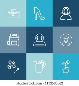 Modern, simple vector icon set on colorful blue backgrounds with space, aircraft, rucksack, bag, boy, glass, face, growth, shoe, leather, drink, young, tree, male, money, plane, technology, lady icons