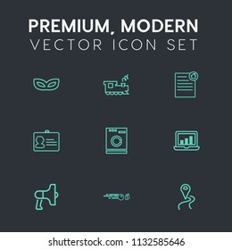 Modern, simple vector icon set on dark grey background with speaker, house, map, loud, chart, document, party, mask, railway, holiday, appliance, id, celebration, real, hobby, machine, laptop icons
