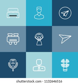 Modern, simple vector icon set on colorful blue backgrounds with music, people, lighthouse, balloon, white, message, employer, furniture, karaoke, microphone, double, seamark, vision, spy, song icons