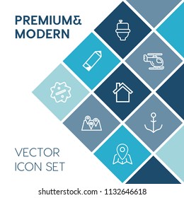 Modern, simple vector icon set on blue colorful background with sky, wheel, sanitary, drawing, sale, pencil, map, discount, gps, home, mobile, nautical, aviation, ship, chopper, road, air, cell icons