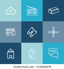 Modern, simple vector icon set on colorful blue backgrounds with sound, upload, dumper, cloud, investment, vehicle, tipper, technology, building, business, vision, play, money, glasses, dump icons