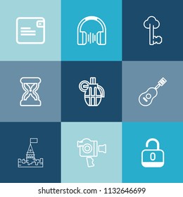 Modern, simple vector icon set on colorful blue backgrounds with film, musical, castle, wallet, audio, cash, sand, purse, building, stereo, modern, camera, guitar, bag, weapon, security, clock icons