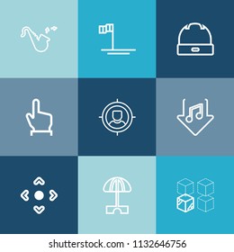 Modern, simple vector icon set on colorful blue backgrounds with package, touch, hand, orchestra, summer, business, mexico, click, sound, nature, musical, internet, blue, brass, button, hat, sea icons