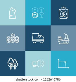 Modern, simple vector icon set on colorful blue backgrounds with fun, package, distribution, cardboard, adult, ship, tree, horse, chessboard, sign, strategy, female, competition, forest, play icons