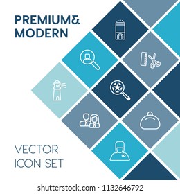 Modern, simple vector icon set on blue colorful background with website, lighthouse, travel, light, bag, screen, online, professional, account, team, computer, luxury, bed, leather, scissors icons