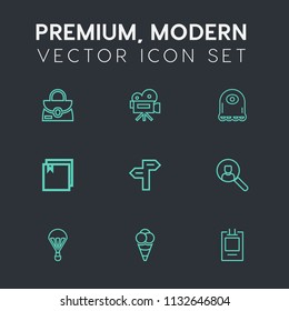 Modern, simple vector icon set on dark grey background with parachuting, sky, badge, white, camera, parachute, retro, ball, cream, extreme, equipment, cartoon, style, business, tripod, online icons