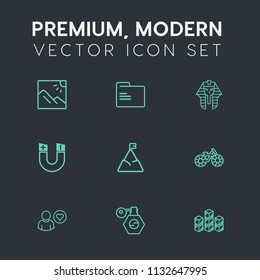 Modern, simple vector icon set on dark grey background with file, picture, travel, perfume, summer, mountain, business, tourism, distribution, photo, landscape, blank, empty, photography, nature icons