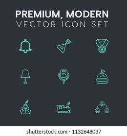 Modern, simple vector icon set on dark grey background with call, instrument, sound, people, microphone, musical, string, food, art, prize, alert, karaoke, music, travel, hierarchy, bell, voice icons