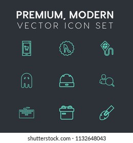 Modern, simple vector icon set on dark grey background with joy, app, internet, phone, cap, gift, present, holiday, boots, horror, head, fashion, business, ghost, work, heel, kite, hand, ribbon icons